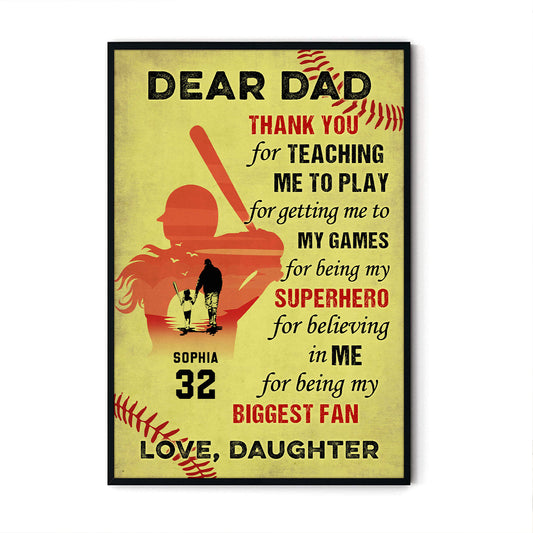 Dear Dad Thank You For Teaching Me Softball Personalized Poster