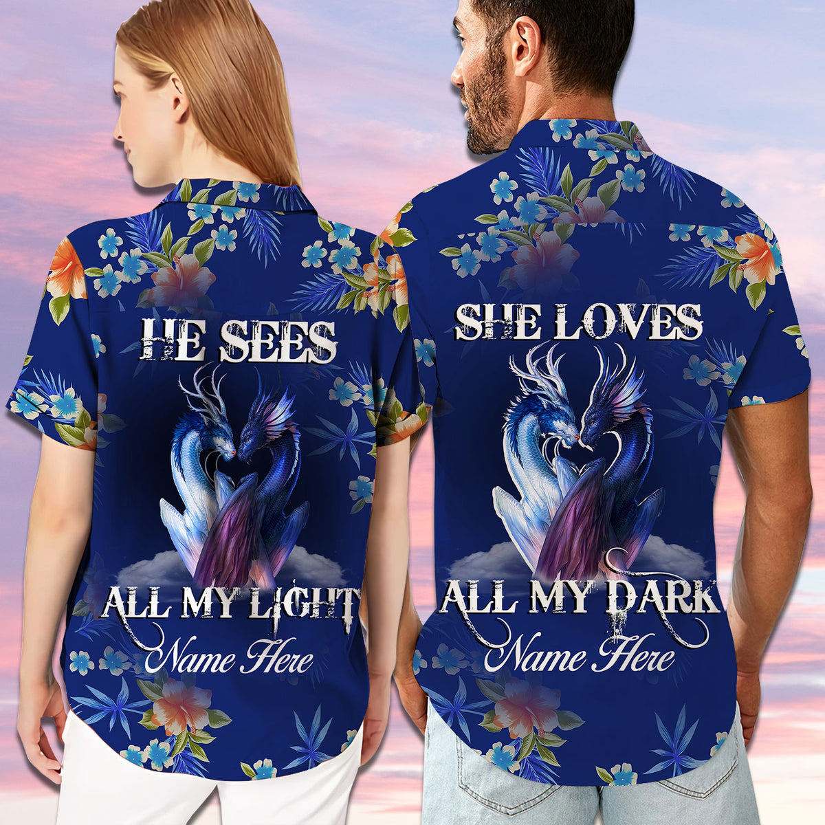 Custom Name Dragon Couple Hibiscus Blue Matching Hawaiian Shirt Personalizedwitch For Couple