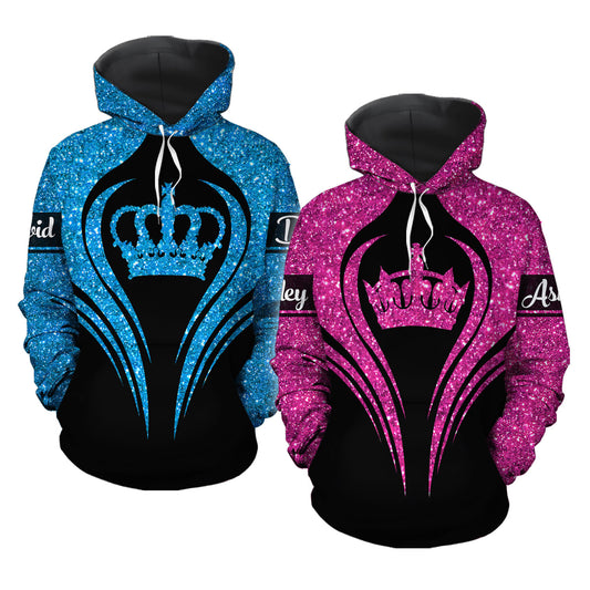 Her King His Queen Custom Name All Over Print Valentine Gift Couple Matching 3D Hoodie For Couple