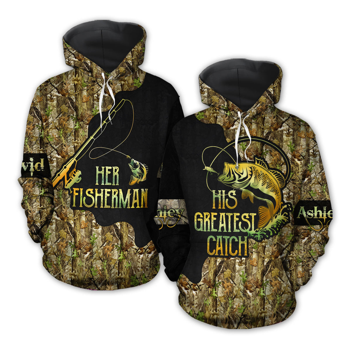 Fishing Her Fisherman His Greatest Catch Custom Name All Over Print Valentine Gift Couple Matching 3D Hoodie