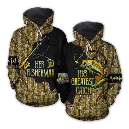 Fishing Her Fisherman His Greatest Catch Custom Name All Over Print Valentine Gift Couple Matching 3D Hoodie