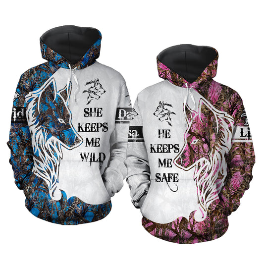 She Keeps Me Wild He Keeps Me Safe Wolf Couple All Over Print Valentine Gift Couple Matching 3D Hoodie Personalizedwitch For Wolf Lovers