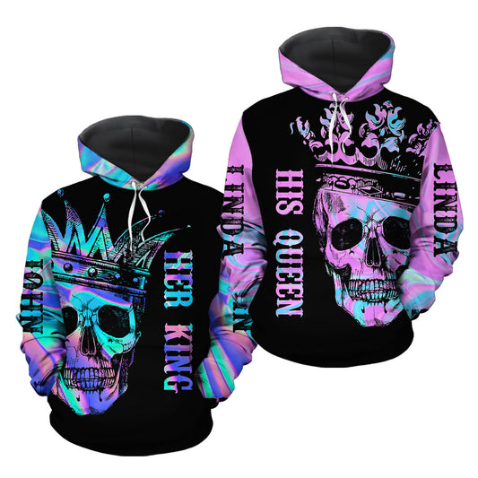 Skull Color Beauty King And Queen Custom Name All Over Print Valentine Gift Couple Matching 3D Hoodie Personalizedwitch For Couple