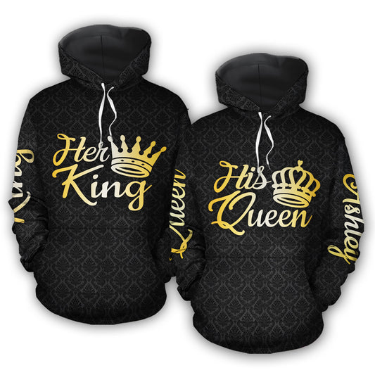 Her King His Queen Custom Name All Over Print Valentine Gift Couple Matching 3D Hoodie For Couple