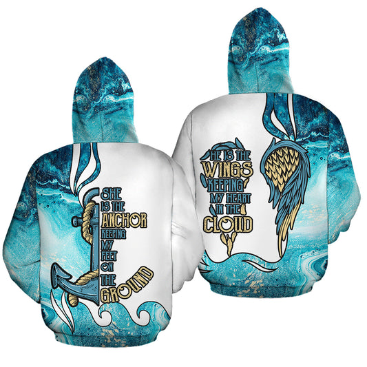 She Is The Anchor He Is The Wings All Over Print Valentine Gift Couple Matching 3D Hoodie