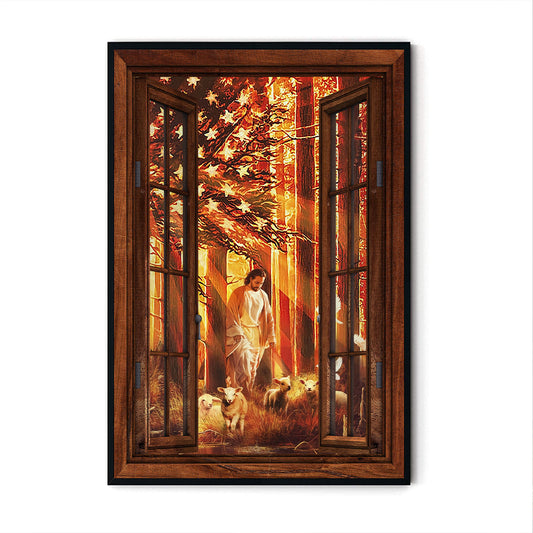American Flag Jesus Walking With The Lambs Window Poster