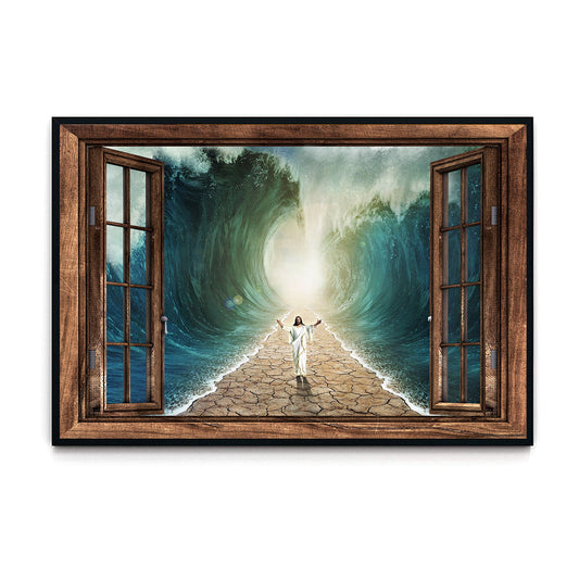 Parted Sea With Jesus WalKing On Dry Ground Window Frame Poster