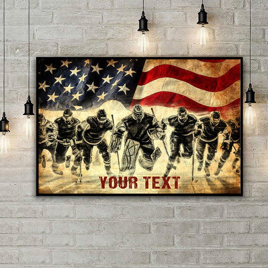 Hockey Team Under US Flag Custom Text Horizontal Poster