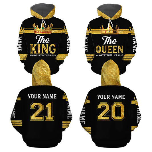 Personalized King And Queen Matching Hoodie Always Protect His Queen Trust Her King All Over Print Valentine Gift Couple Matching 3D Hoodie For Couple